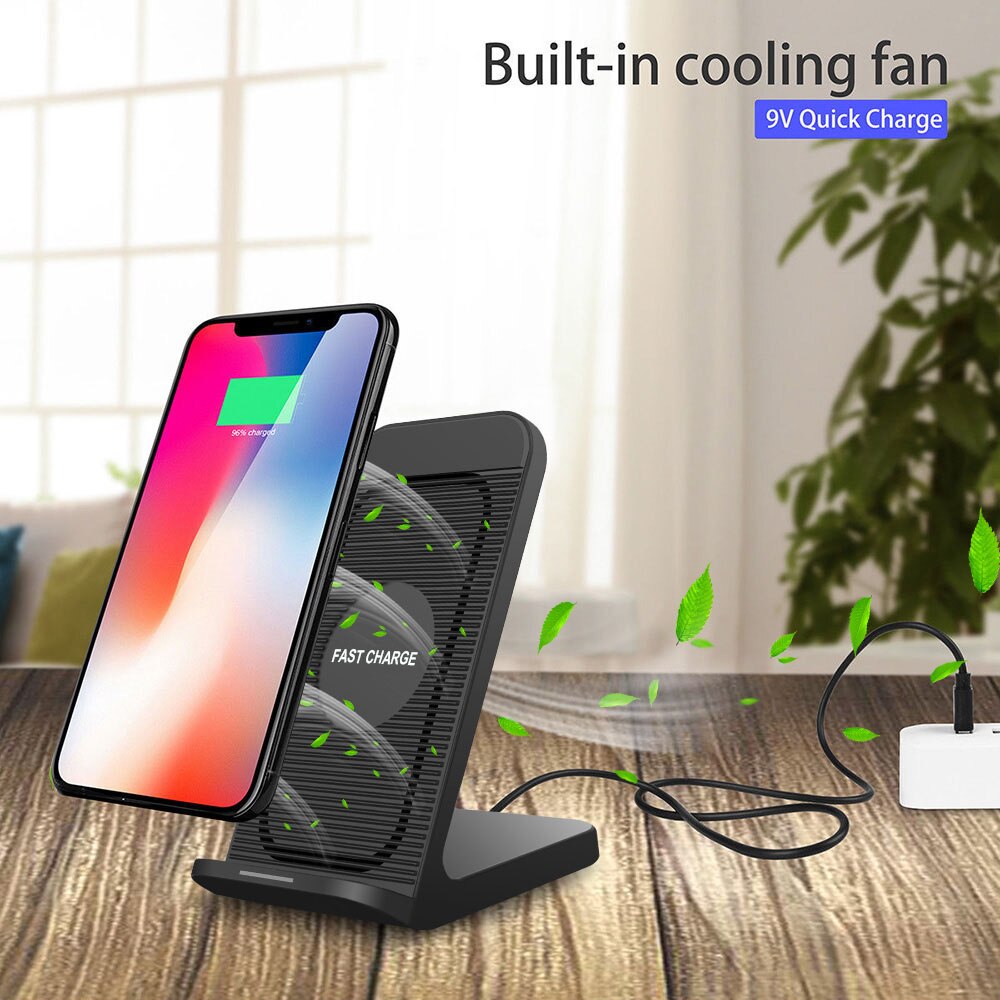 Fdgao qi carregador sem fio titular 10w suporte de carregamento rápido com ventilador refrigeração para iphone 11 pro max xr xs max x 8 samsung s20 s10 s9