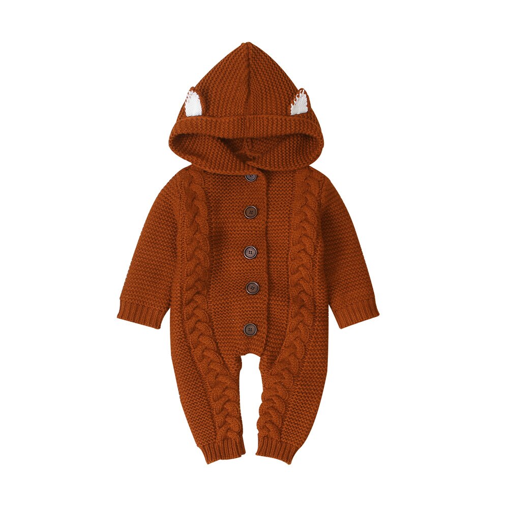 Focusnorm 0-24M Winter Baby Meisjes Jongens Rompertjes Knit Solid Hooded Lange Mouwen Single Breasted Warm Jumpsuits: Bruin / 12m