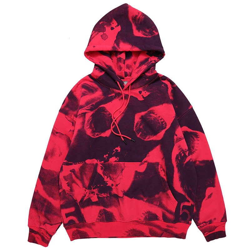 JING ZHE Winter Autumn Fleece Hoodie Men Women Hoodies Tie-dyed Sweatshirts High Street Hoody Pullovers Skateboard Tops: Red / XL