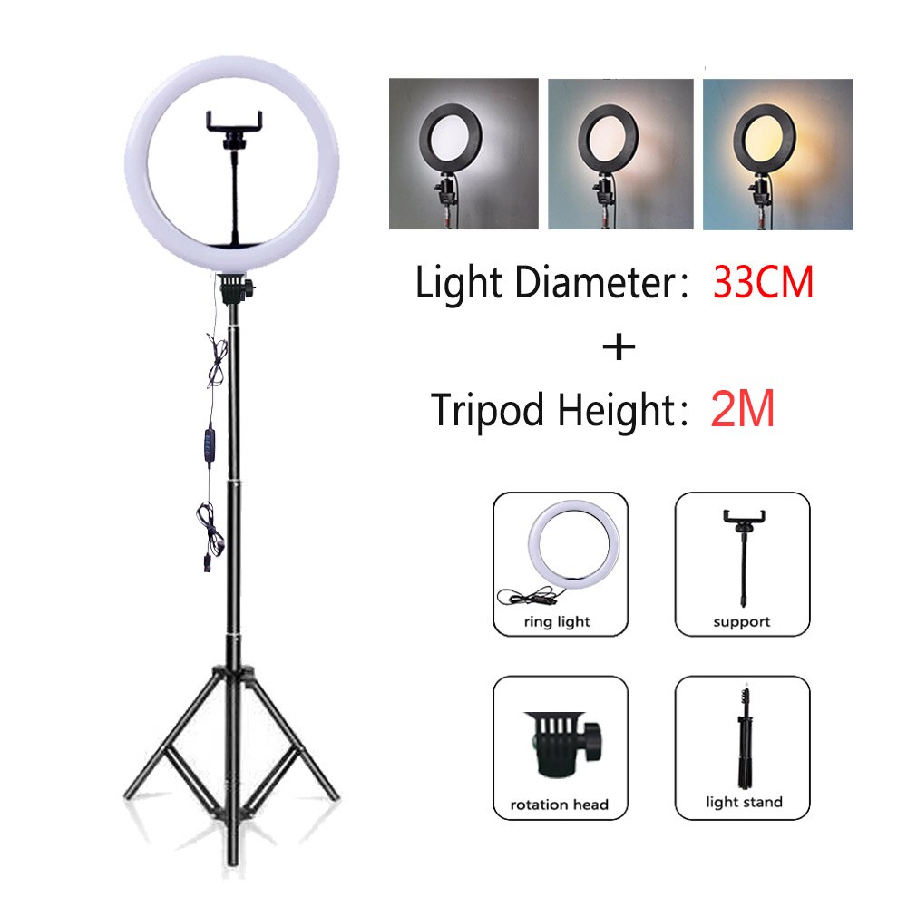 Mamen 33/26cm ringlamp met standaard voor telefoon, dimbare led selfie ringlamp met statief, usb selfie licht fotografie ringlamp: L33cm-t2m