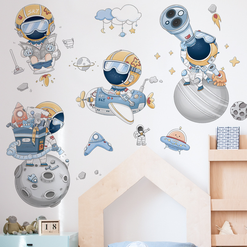 Autocollant mural d'astronaute en vinyle de dessin animé, stickers muraux amovibles pour bricolage, pour enfants garçons, chambre à coucher, pépinière, papier peint pour la maison