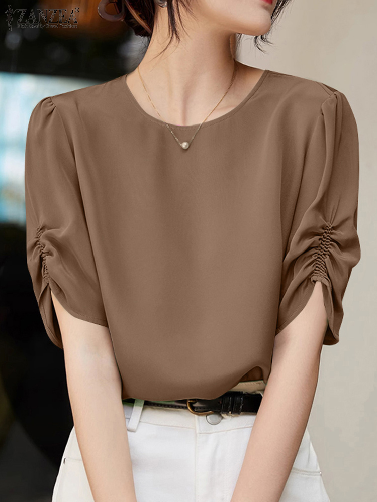Zanzea kontorbluse sommer dame kortærmet arbejdsskjorte stilfuld ensfarvet tunika toppe afslappet o-hals blusas oversize: Xl / Brun