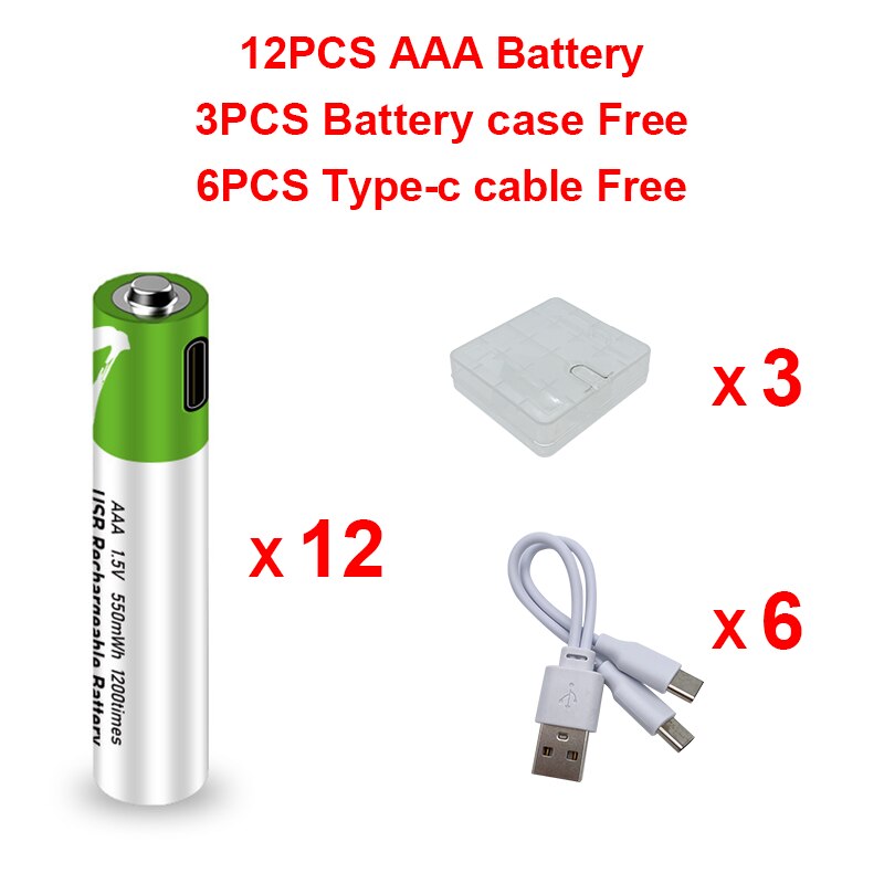 Pilas AAA de iones de litio de 1,5 V, recargables por USB, 750 mWh, para control remoto, ratón inalámbrico + Cable: 12PCS AAA and 6Cable