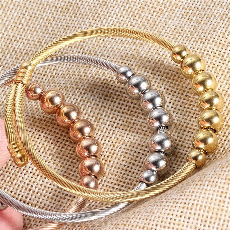 ZORCVENS 3 Colors Rose Gold silver color Stainless Steel Twist Beads Bracelets Bangles for Women