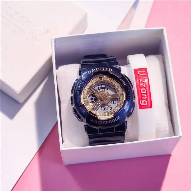 Montre numérique de l'amant de la étanche Sport montre-bracelet double temps or haut choc hommes femmes montre-bracelet Led horloge en caoutchouc: Black Gold