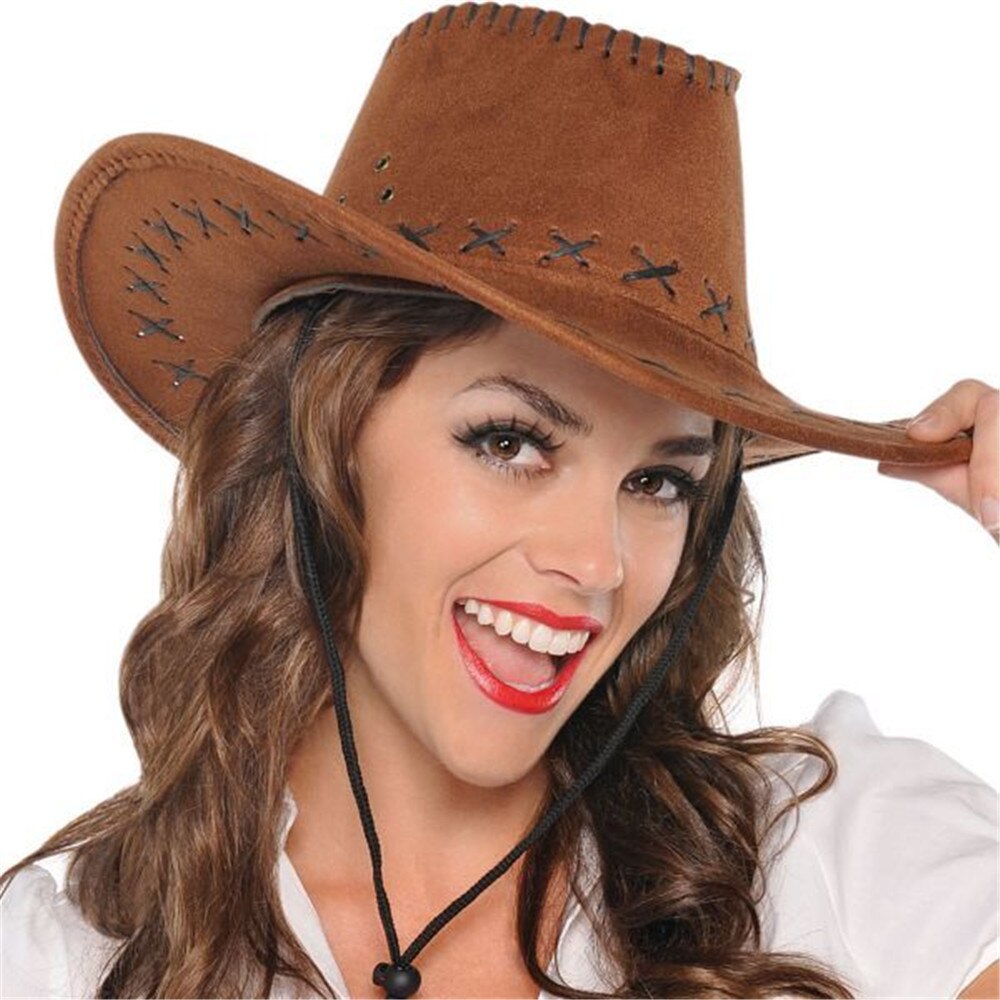 LUCKYLIANJI mężczyźni dziki jazz wiatr zamsz Panama kowboj kowbojka zachodniej szerokim rondem byk jeździec kapelusz Sunhat dostosować przewód (jeden rozmiar: 58cm)