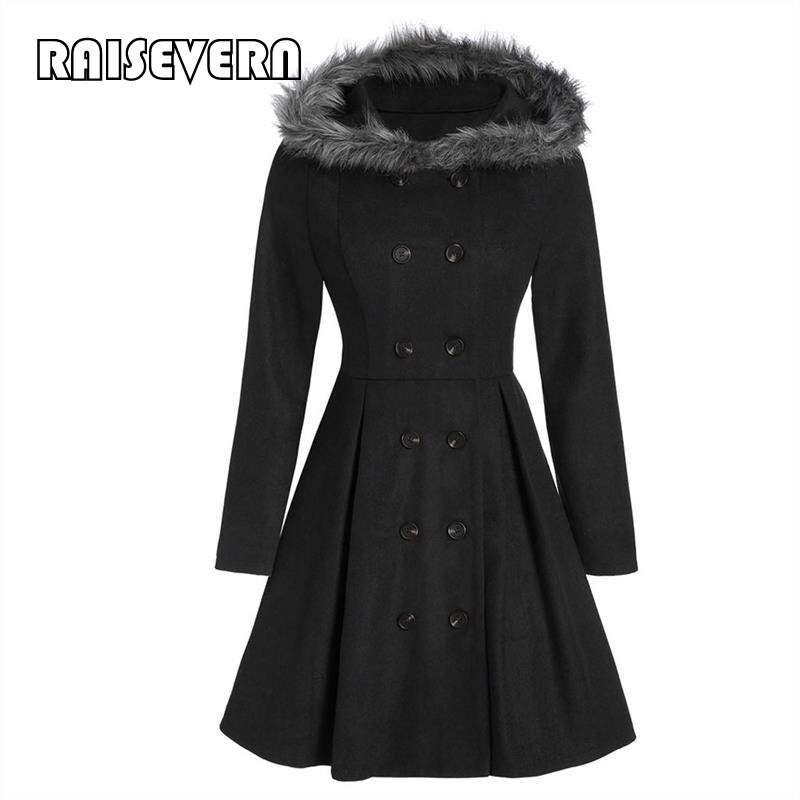 Middeleeuwse imitatiebont wollen jas met capuchon voor dames, winterjas, zwarte staande kraag, gothic jas, winterjas met dubbele rij knopen, gothic lange jas