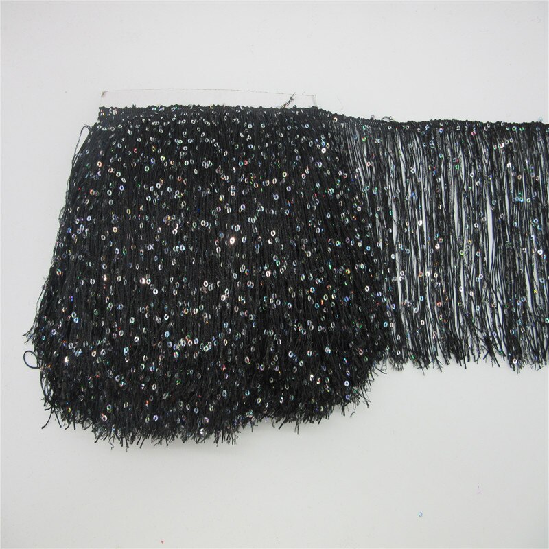 YY-tesco 1 Yard 20CM Long Polyester Sequins Tassel Fringe Lace Trim Ribbon Sew Latin Dress Stage Garment Curtain Accessories: Black