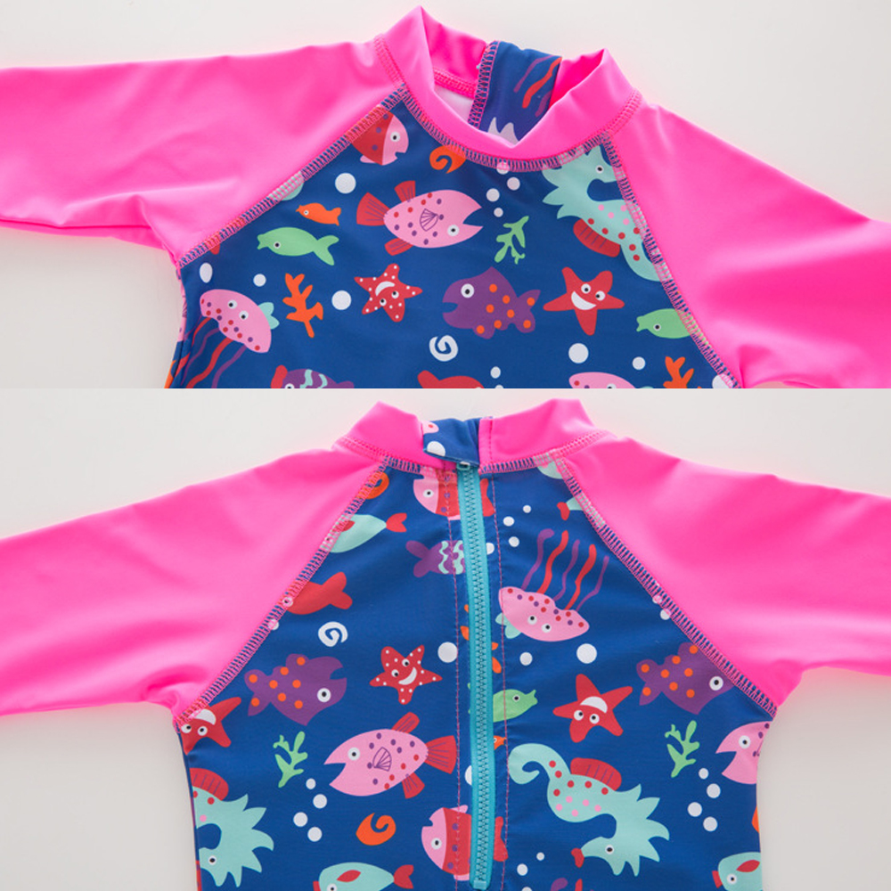 Summer Children Swimsuit Girl One-Piece Swimsuit Zipper Swim Cap Cartoon Kid Spring Swimsuit Beach Suit