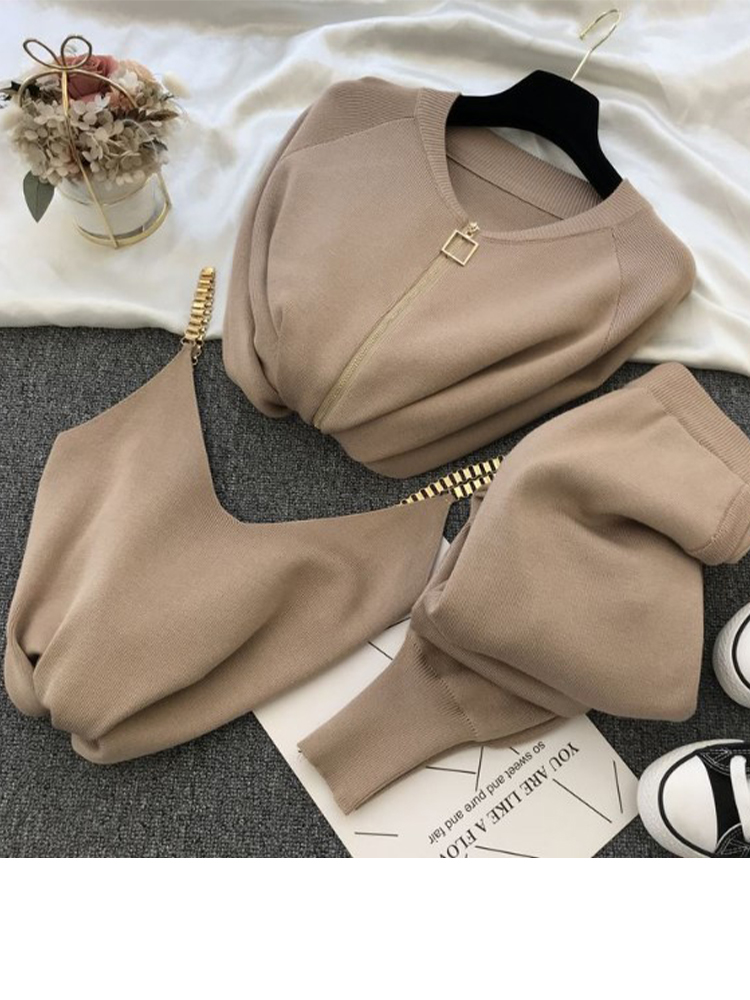 Mode Vrouwen Pak Herfst Zoete Temperament Keten Vest Gebreide Casual Jas + Drie Stuk Elastische Broek