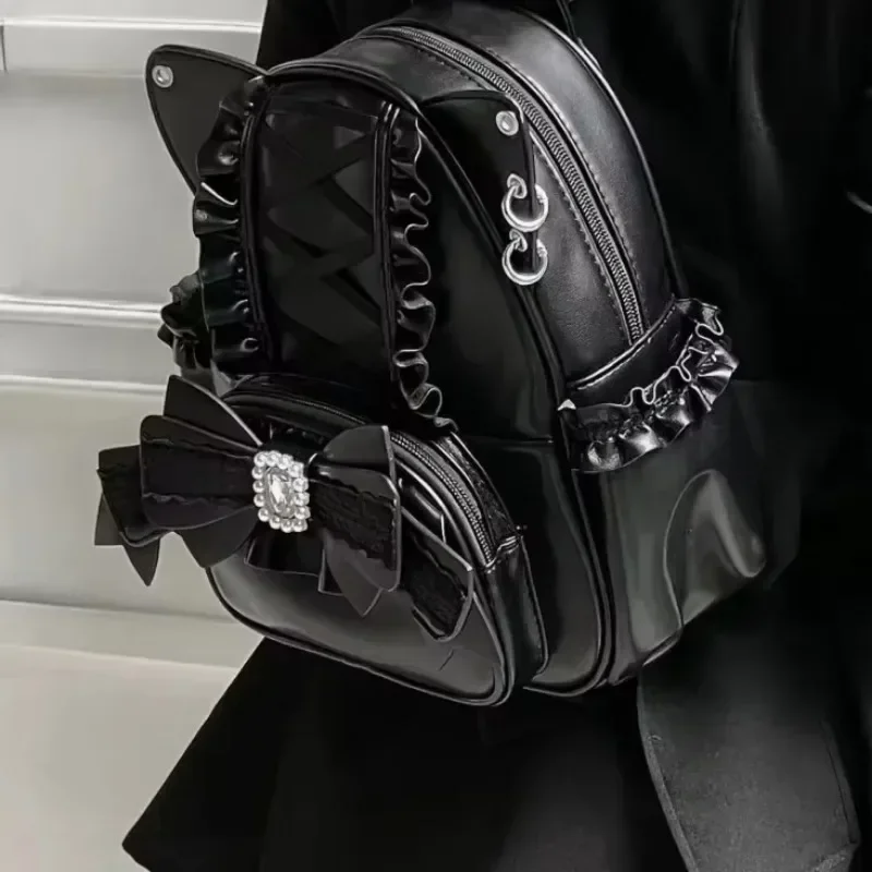 Koronkowy plecak szkolny z kocimi uszami Japonia Lolita Ita Mochila Słodki wielki Pojemność Mochilas Mujer 2025 Nowy łuk kobiety torby student plecak