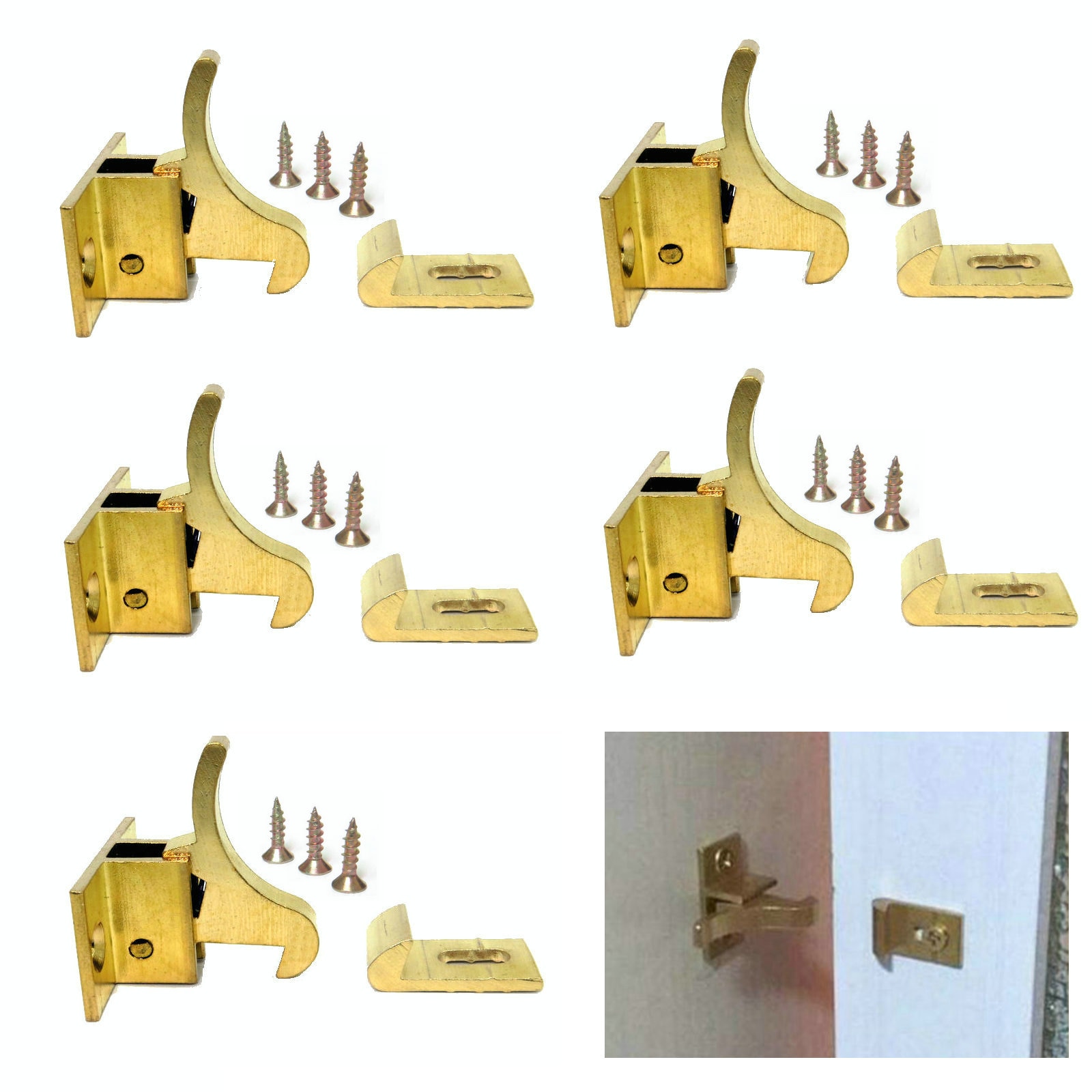 5Pcs Extra Heavy Duty Elbow Latch Cabinet Door / Window Catch - Brass, with screws