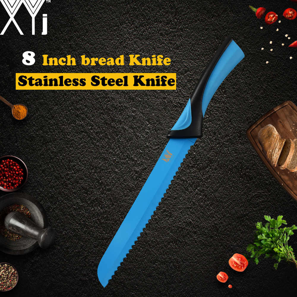 Xyj 6 stk rustfritt stål knivsett 8 '' 7 '' 5 '' 3.5 '' fargerikt skarpt tynt blad komfortabelt håndtak kniver matlaging kjøkken dingser: C .8 brødkniv
