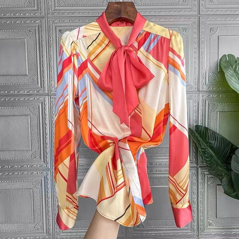 Fanieces elegante Fliege Satin- Frauen Hemden Luxus bunten Druck Frühling Herbst Langarm Blusen Spitzen Büro Damen Blusas
