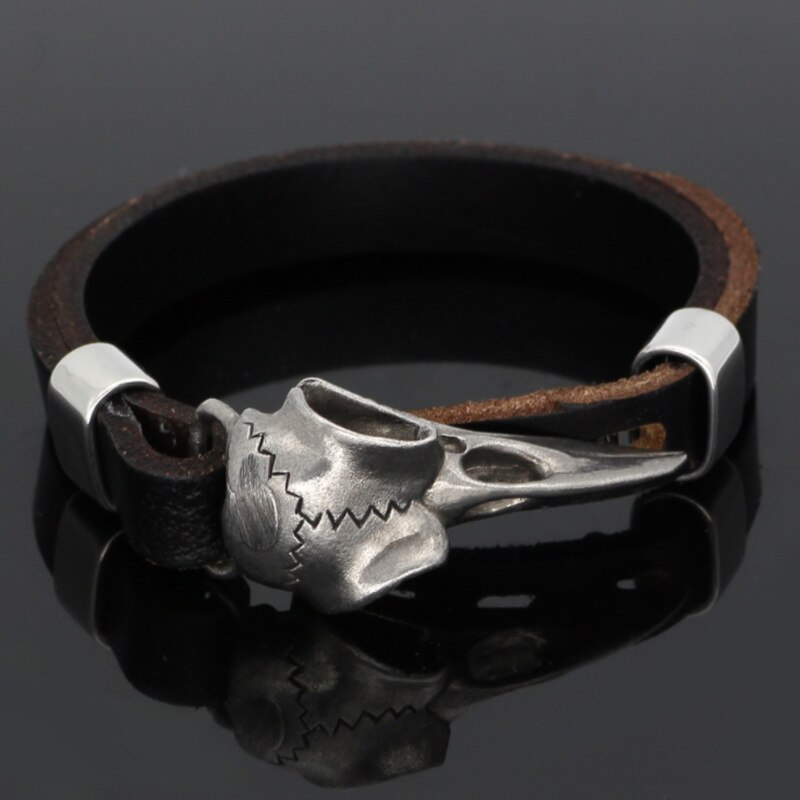 Men Retro Viking Odin Symbol Totem Crow Head Crow Pointed Beak Men Leather Bracelet