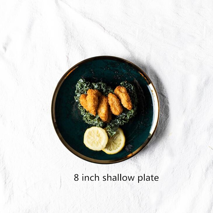 Grøn guld indlæg nordisk stil husholdning hotel keramisk bordservice high end porcelæn servise sæt skål fad plade: 8 tommer lavvandet plade