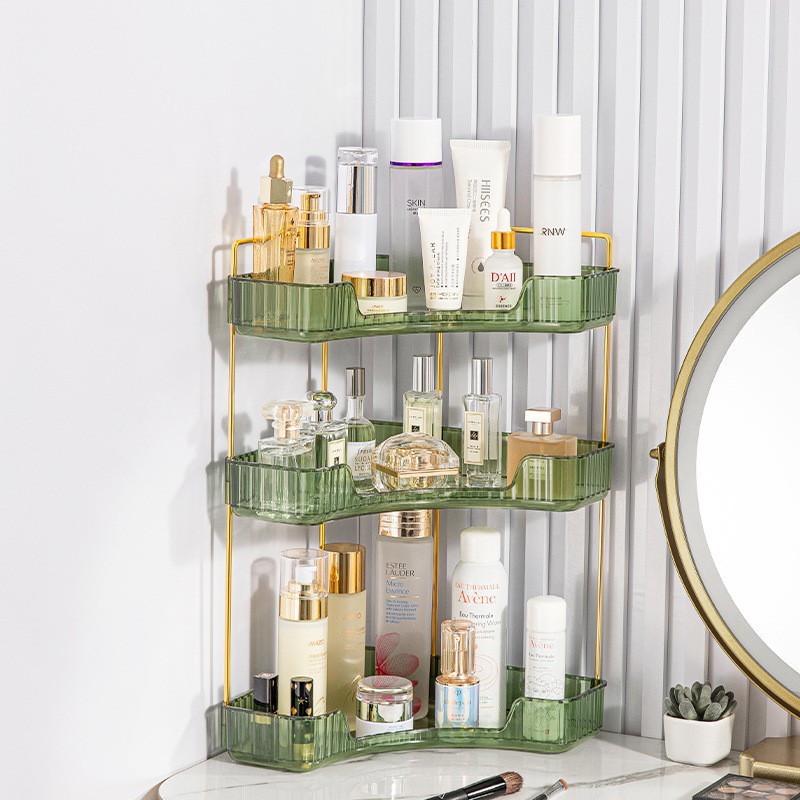 Triangular storage box rack, light luxury corner cosmetics rack, transparent bathroom jewelry rack.