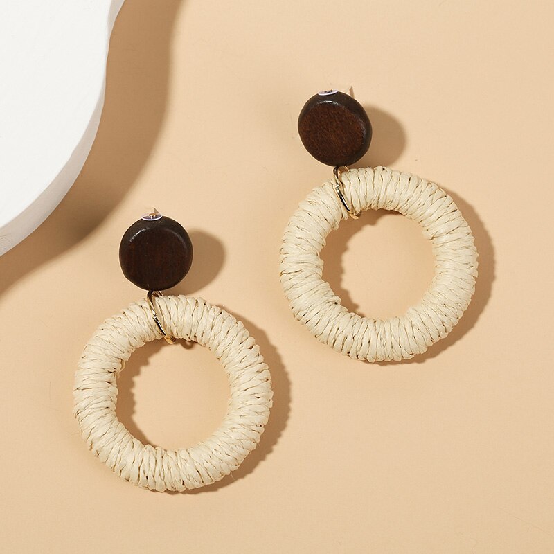 Simple Trendy Boho Handmade Round Vine Rattan Straw Woven Earrings For Women Bohemian Wooden Dangle Earring Jewelry