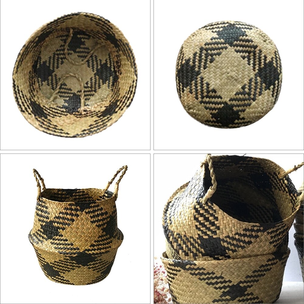 Big Capacity Checkered Seagrass Storage Baskets laundry Wicker Flower Toy Basket Organizer Eco-Friendly Bags for Kitchen Bedroom