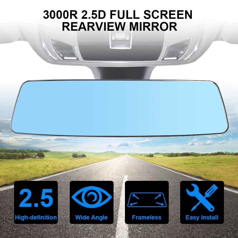 Espejo retrovisor Interior trasero para coche, microcurvatura de lente de 3000R, cristal HD de pantalla completa 2.5D, gran angular, antideslumbrante, azul, sin marco