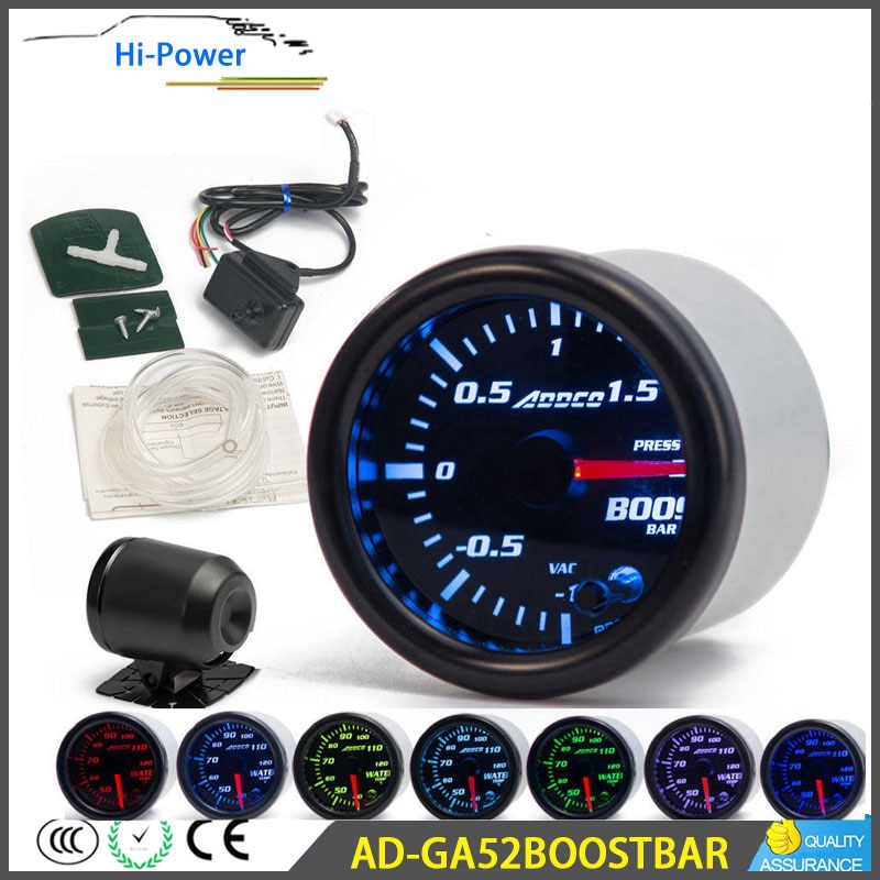 AD-GA52BOOSTBAR 2" 52mm 7 Color LED Smoke Face Car Auto Bar Turbo Boost Gauge Meter With Sensor and Holder