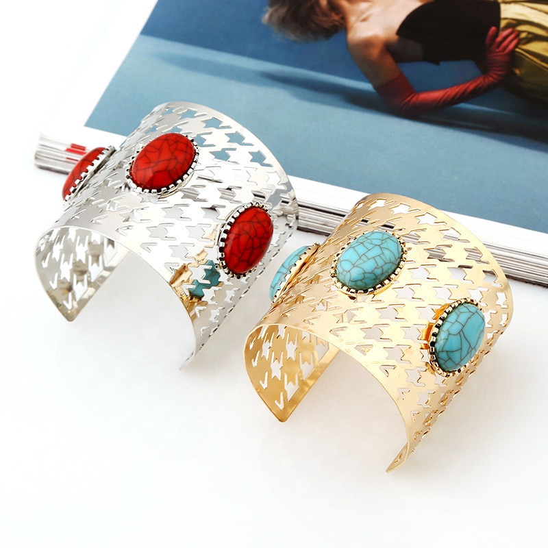 Lzhlq 2020 nova mulher de metal banhado a largura bangle maxi abertura redonda azul pedra jóias pulseira na moda geométrica oco manguito bangle