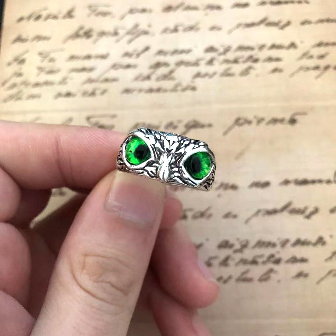 Charm vintage söta män och kvinnor enkel uggla ring silver färg förlovning vigselringar smycken: Grön