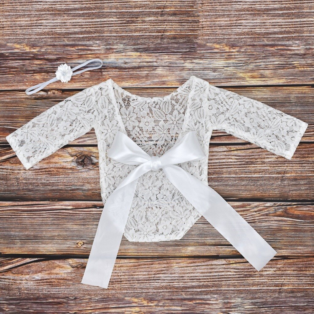 Baby Born Photography Props cap Embroidery Lace Baby Romper Jumpsuit Newborn Photo Shoot Accessories Girl Costumes: White