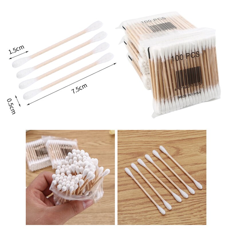 200 Uds. Hisopos de algodón y madera biodegradables de doble punta de madera de algodón para maquillaje seguro conveniente