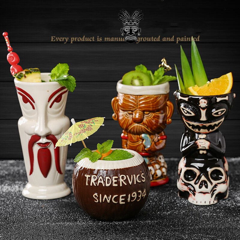 Copa de cóctel TIKI con forma de cráneo, recipiente de cerámica con estatua de Dios del Bar Hollywood, mezclador divertido de bebidas frías, vaso de vino artesanal