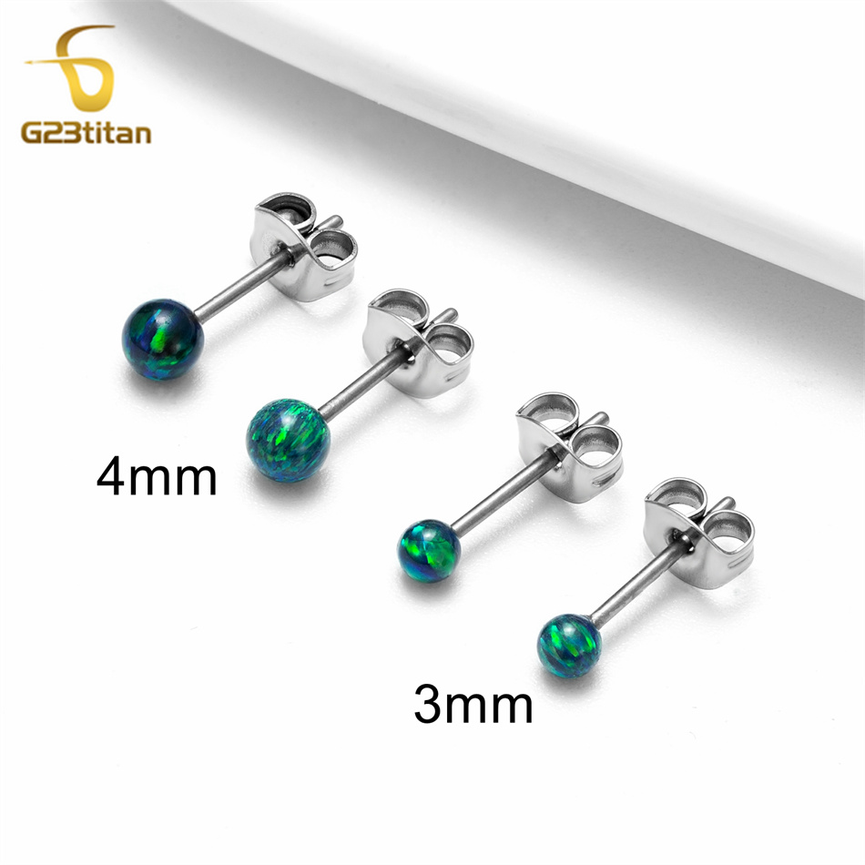 1 par de pendientes de ópalo de fuego, joyería hipoalergénica de titanio para Piercing en la oreja, pendientes simples de piedra de bola pequeña, accesorios para hombres y mujeres: Blanco / PLATEADO