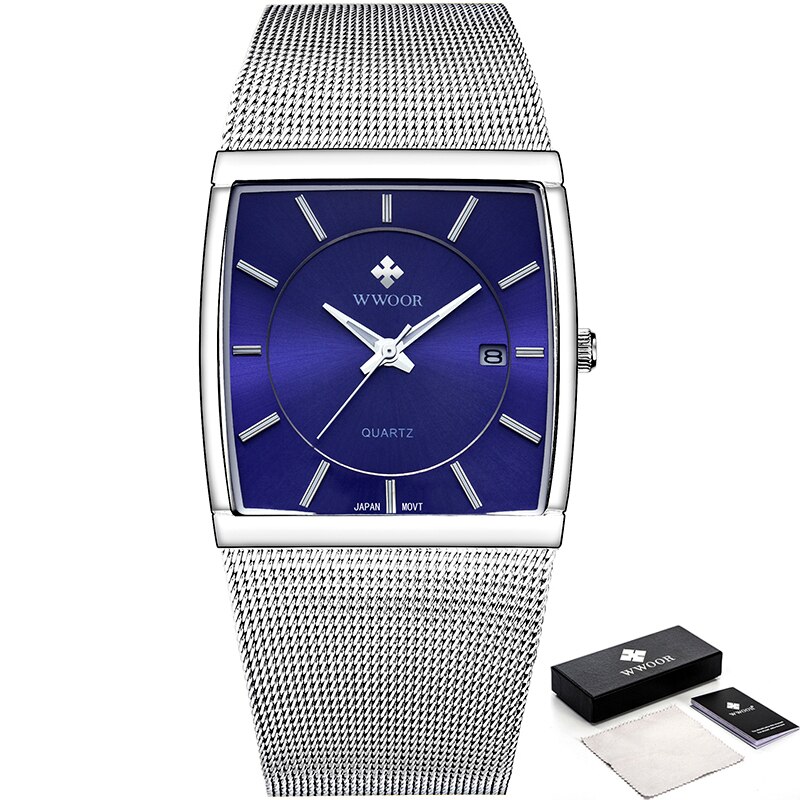 Wwoor top mærke luksus sorte firkantede ure til mænd vandtæt slank dato armbåndsur mandlig stål mesh bælte kvarts analog ur mænd: 31- blå