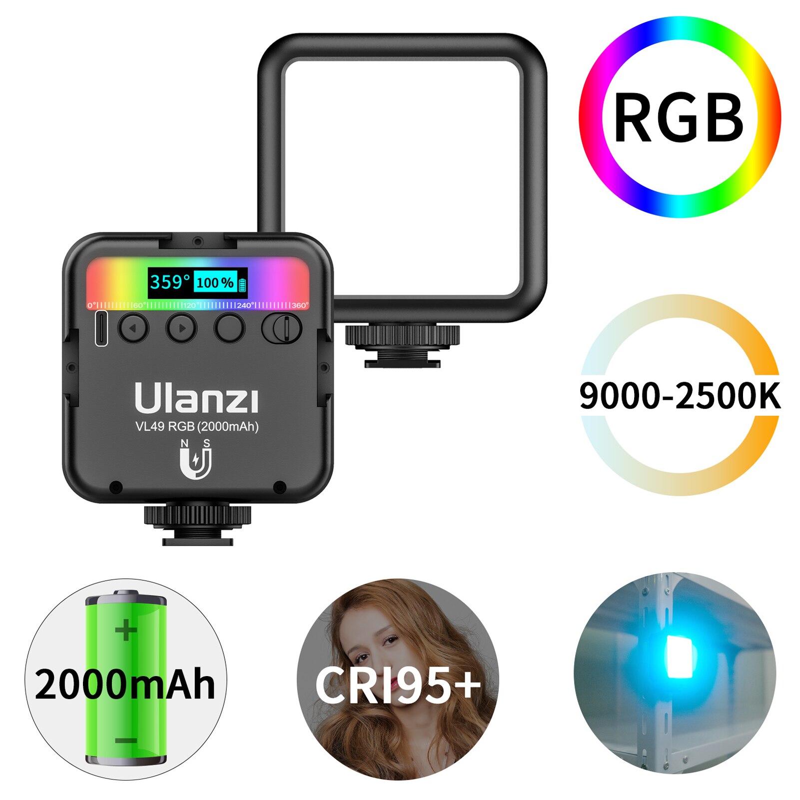 Ulanzi VL49 Full Color Mini Rgb Led Video Light 2500K-9000K Magnetische Mini Vul Licht Verlengen 3 koude Schoen 2000Mah: VL49 RGB