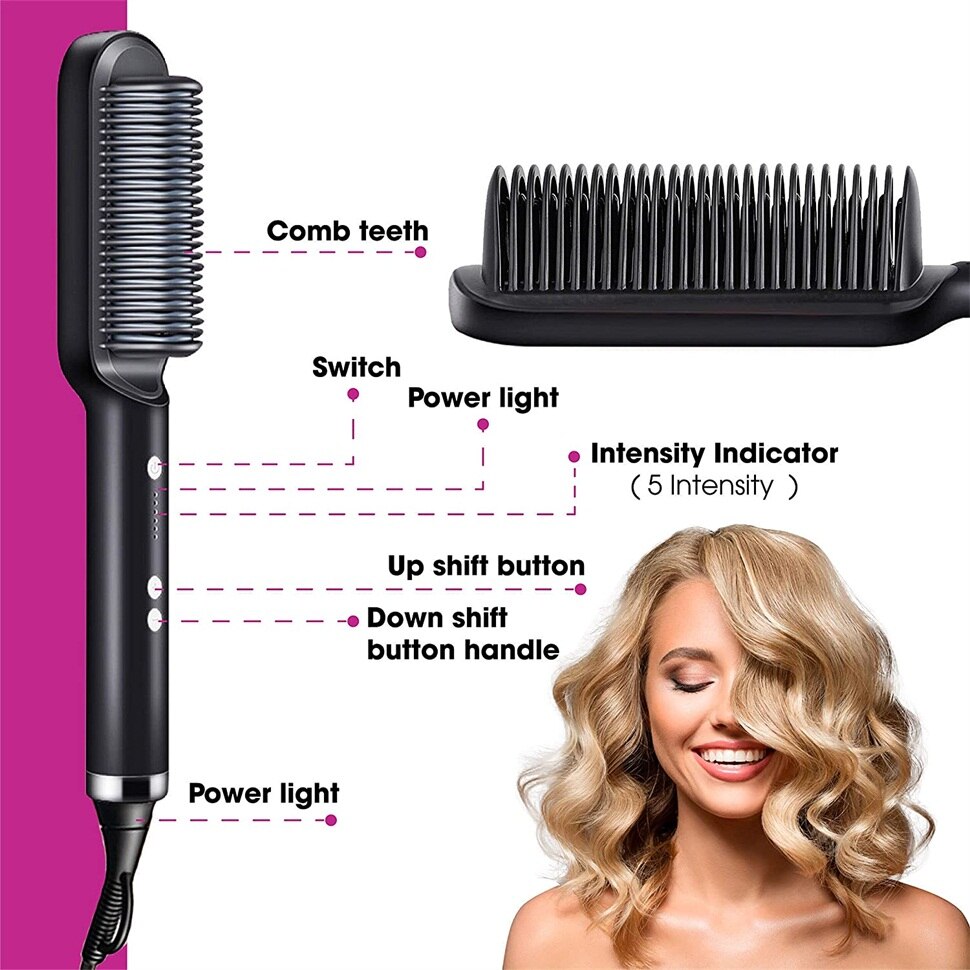 Hair Straightener Brush 2 In 1 Ionic Straightening Brush With 3 Heat Levels Fast Ceramic Heating Anti-Scald Straightening Comb