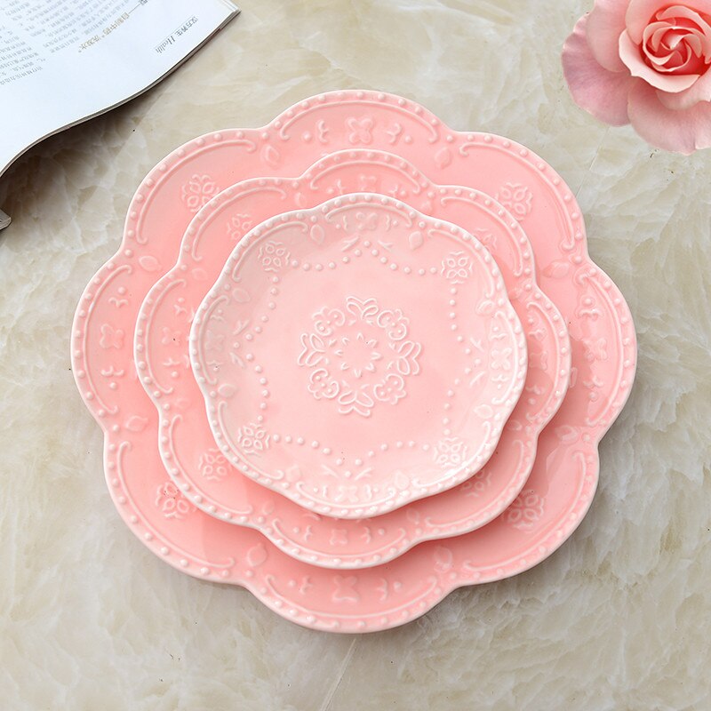 Assiette à fruits en relief chinoise, assiettes à salade, plateau en céramique, disque à Steak rose, gâteau, plat, accessoires de cuisine pour la maison, 6, 8, 10 pouces