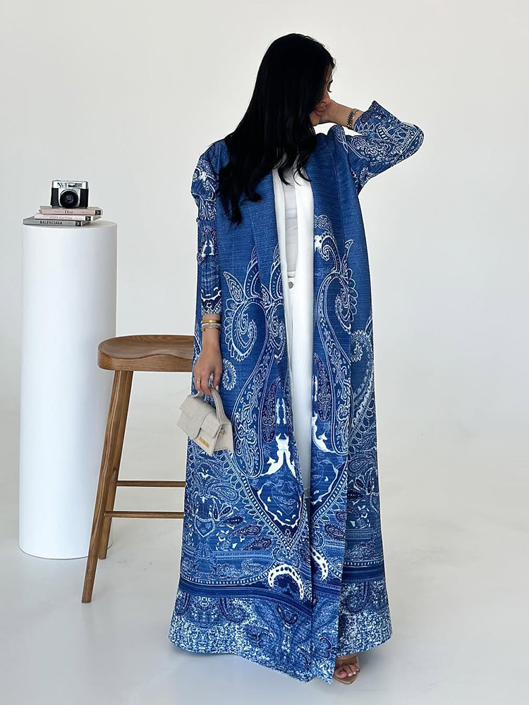 Abaya Miyake plissé imprimé Robe veste arabe dubaï Style femmes à manches longues conservateur recat musulman Trench Coat 55 pouces: Marron