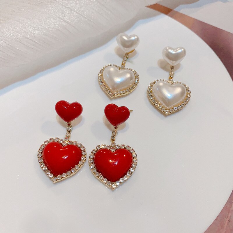 Korean Love Heart Pearl Dangle Pendientes For Women Accessories Rhinestone Boucle D'oreille