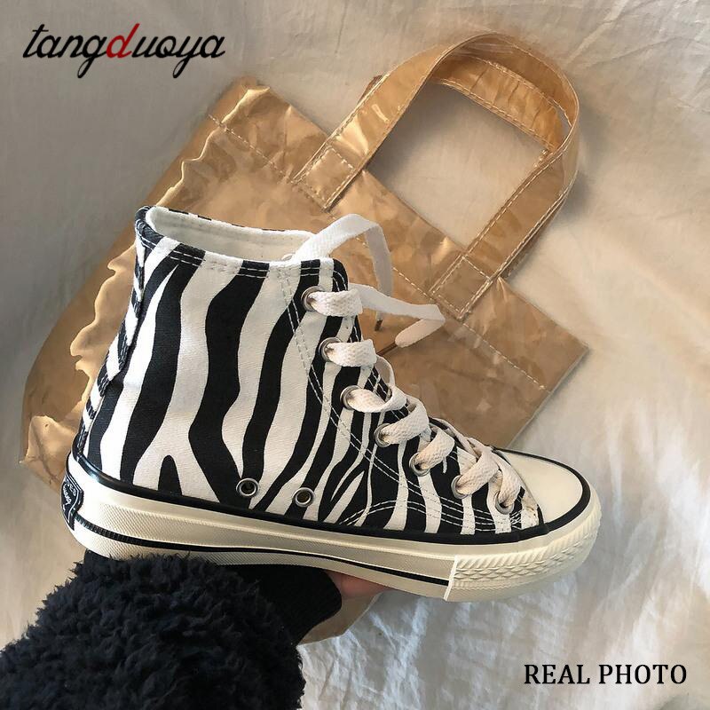 Zebra lærred sko kvinder høje sneakers kvinder snøre af fritidssko kvinder lejligheder udendørs vulkaniserede sko