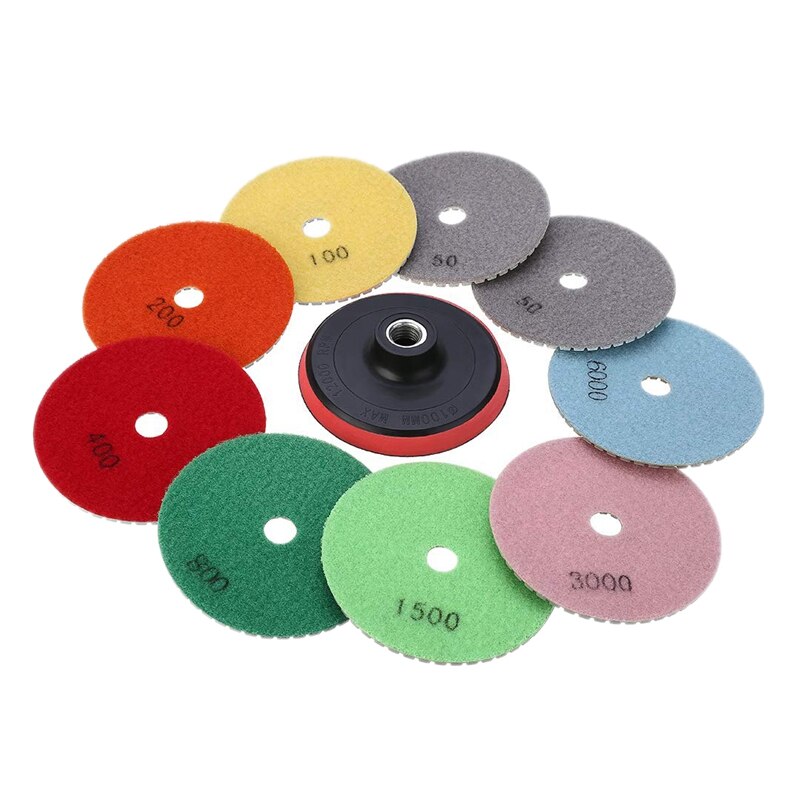 10Pcs 4 Inch Diamantslijperij Pads Set, m14 Zelfklevende Houder + 9 Stuks Droog Polijsten Pads Kit Voor Auto Auto Graniet Marmer