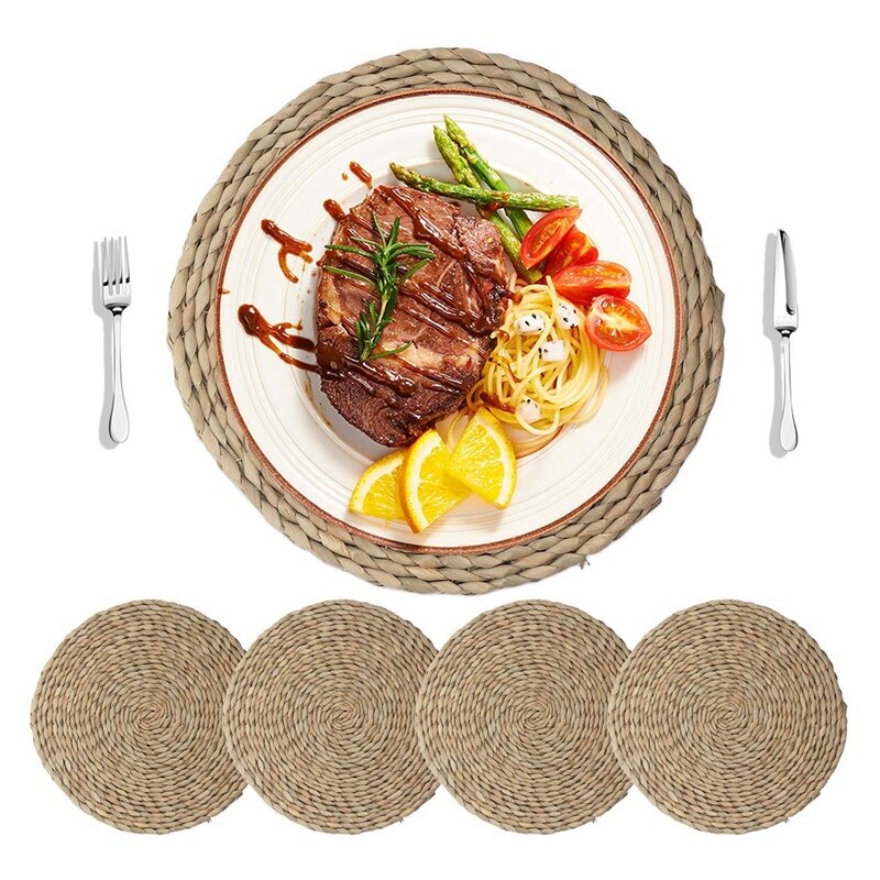 4Pcs Cattail Straw Round Woven Placemats for Dining Table, Rattan Table Mats, Natural Straw Mat Braided, Weave Placemats Handmad