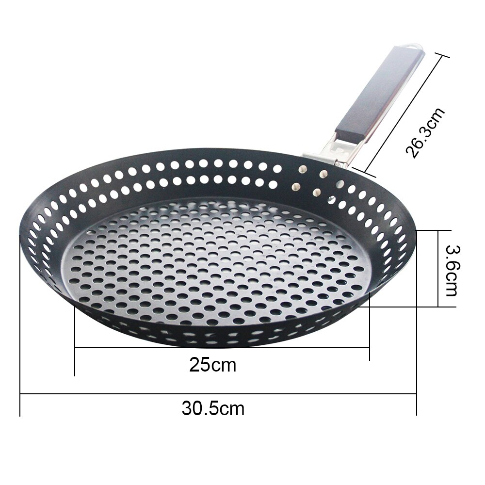 Non-stick Metal Grilling Skillet with Folding Wooden Handle Grill Pan with Holes Barbecue Pans for Outdoor BBQ Grilling Tools: Default Title