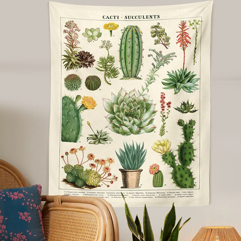 Botanisk kaktus billedvev veggheng retro kaktus sukkulenter soppkart hippie bohem psykedelisk hekseri hjemmeinnredning
