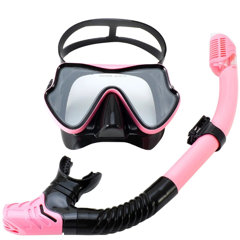 Tauchmaske Schnorchelset für Erwachsene, gehärtetes Glas, professionelle Panorama-Schnorchelausrügestochen, Schwimmtraining, Schnorchelset: Rosa