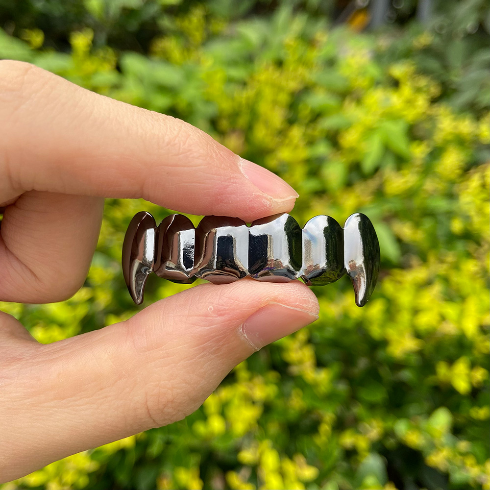 RACHELZ Hip Hop colmillos negros Diente Grillz 14K chapado en oro 6/6 tapas de dientes decoración parrillas dentales para hombres mujeres joyería de Halloween