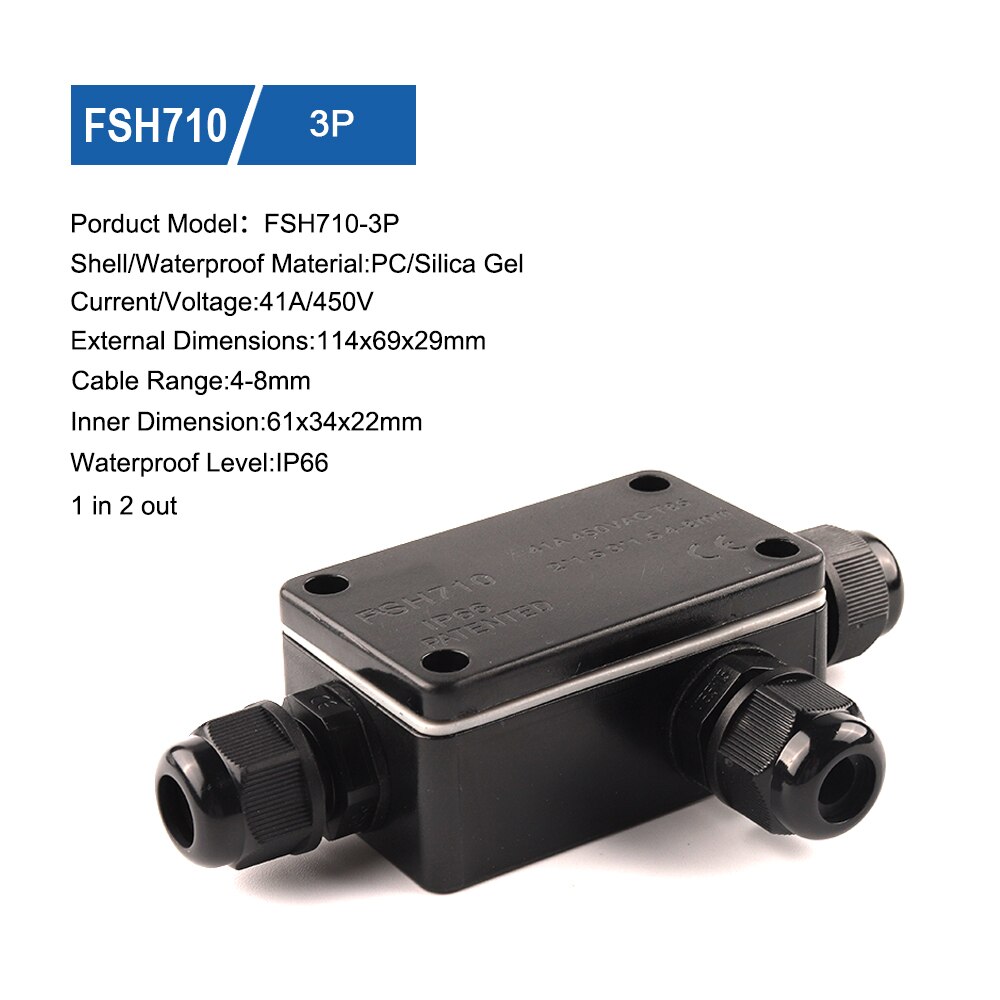 2/3 Pin IP66 Outdoor Waterproof Cable Connector 41A/450V Junction Box With Terminal Wire Connection: FSH710-3P