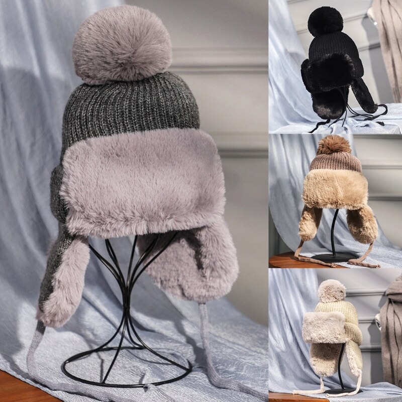 Kvinner vinterstrikk pom pom fangstmann lue tykk fluffy plysj termisk varm snø ski vindtett ensfarget lue øreklaff lokk
