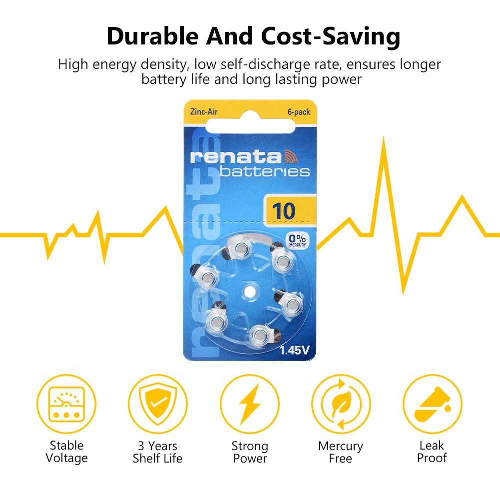 6Pcs Size 10 Hearing Aid Battery 1.45V ZA10 PR70 10AE P10 Zinc Air Batteries