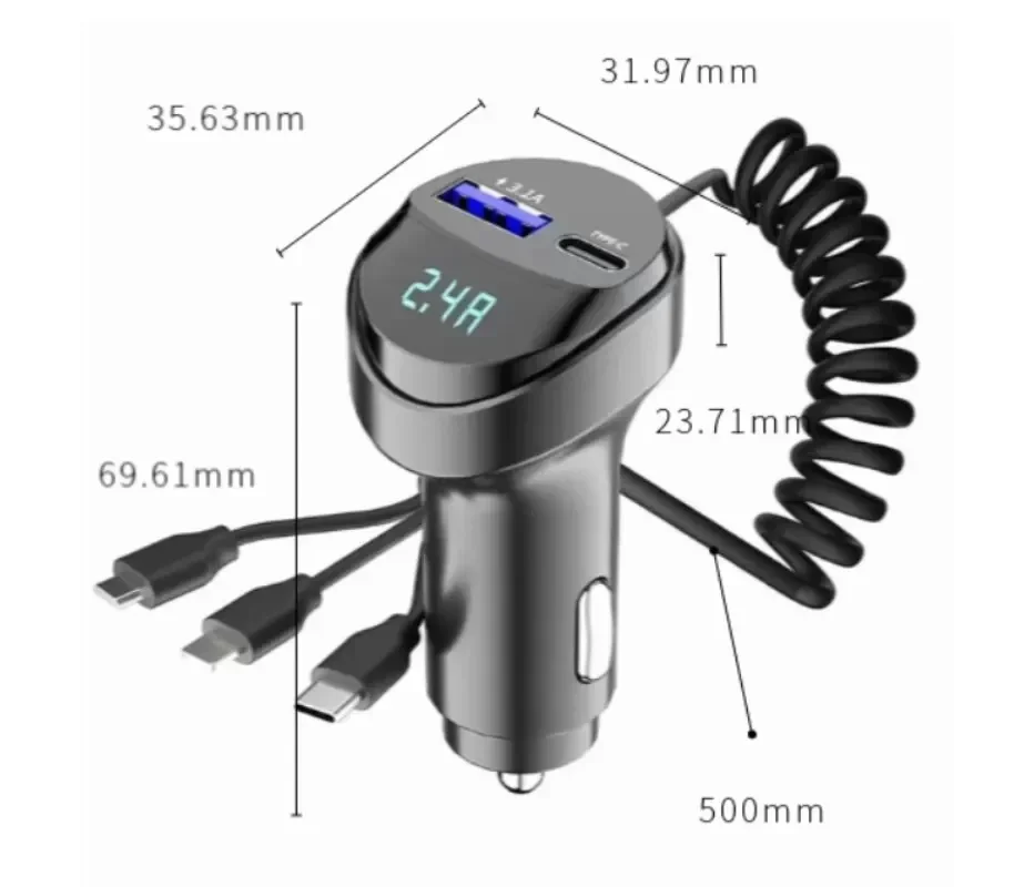 newSnel opladen 55w auto multifunctionele 2 poorten USB-autolader drie in één USB intrekbare oplaadkabel met spanningsweergave: Default Title