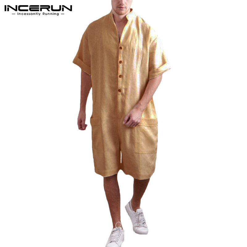 Streetwear Mens Romper Short Sleeve Solid Button Big Pockets Jumpers Vacation Overalls Cargo Suits Casual Rampers Pants: S / Khaki