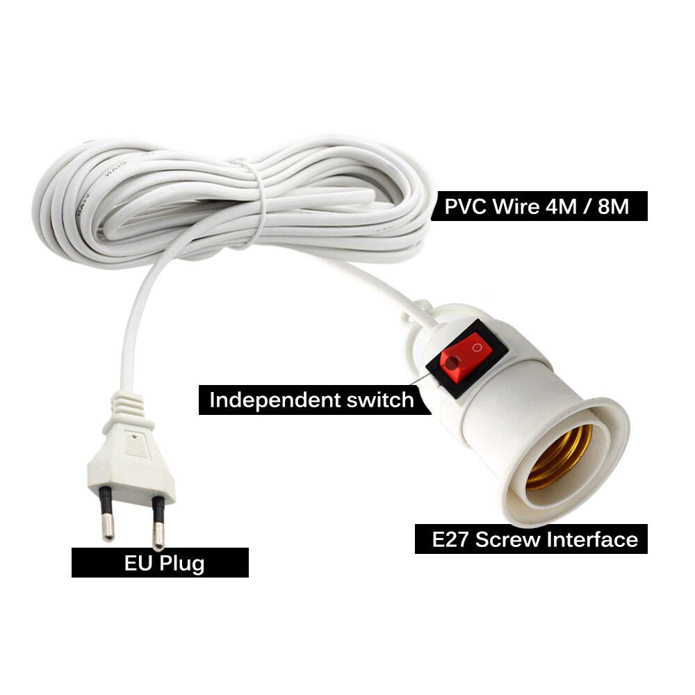 Bases de lámpara E27 con cable de alimentación de 4M y 8M, interruptor de botón independiente, enchufe europeo, soporte de lámpara con interfaz de tornillo E27
